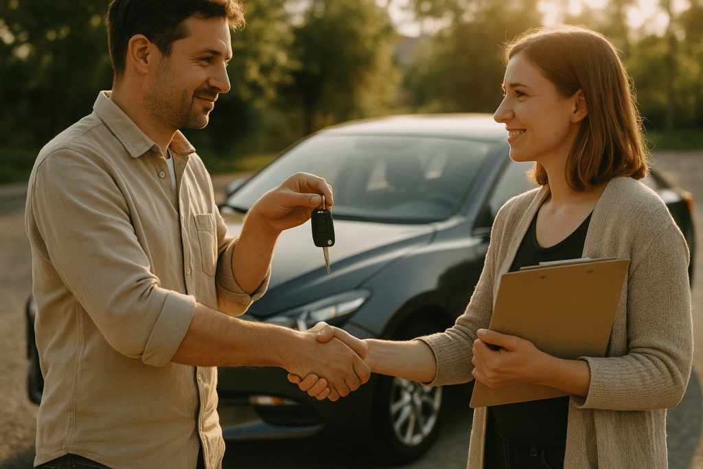 Entrega de llaves y documentación entre dos personas, cambio de nombre de un coche en Canarias