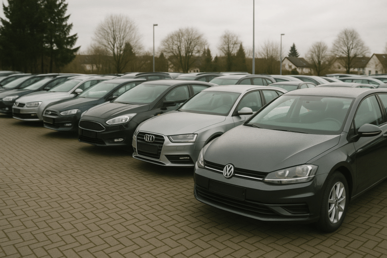 Fila de coches de ocasión en un concesionario en Alemania