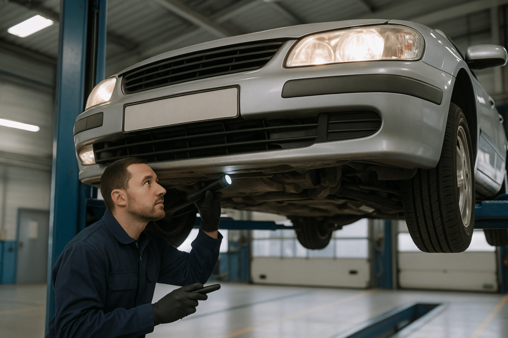 Técnico revisando un vehículo importado en un taller de inspección, homologación de coches en Canarias
