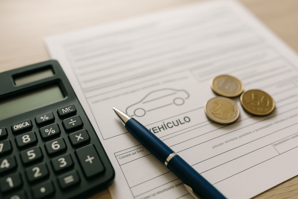 Calculadora y documentos sobre una mesa, comparativa de impuestos IGIC, IVA e IEDMT en vehículos