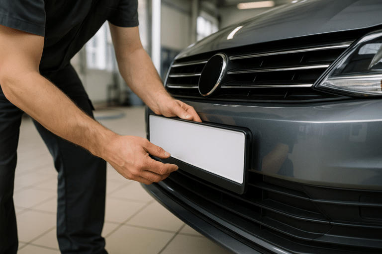 Técnico instalando una matrícula nueva en un coche importado en Canarias