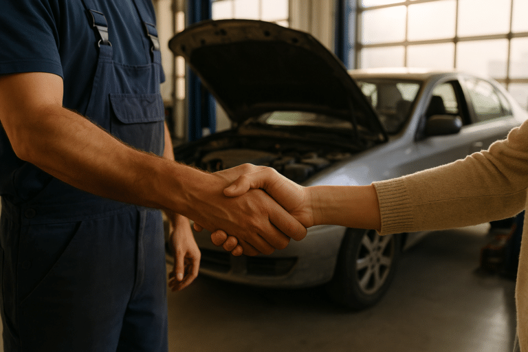Mecánico entregando un coche revisado a su propietario, garantía mecánica para coches de segunda mano