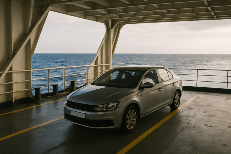 Coche en la cubierta de un ferry, transporte de vehículos entre la Península y Canarias